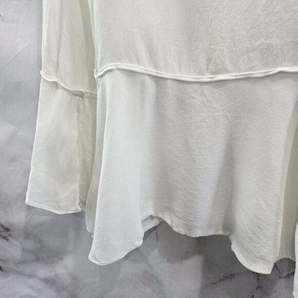 Theory Shirt Womens Medium White Silk Blouse Bell Flare Keyhole Ruffle Peplum - Picture 9 of 13